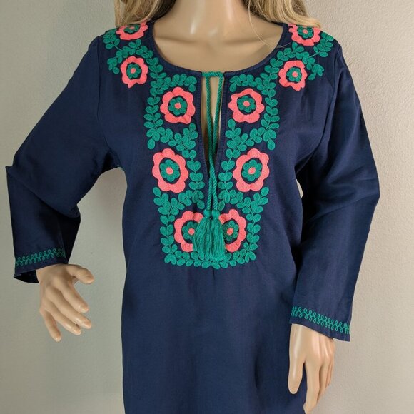 J. Crew Dress Large Blue Embroidered Beach Tunic Cover-up Tassels Linen-Blend - Picture 5 of 16